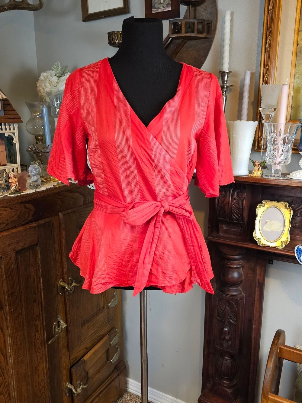 LOFT Red Cotton Wrap Peplum Blouse Embroidered Stripe Medium